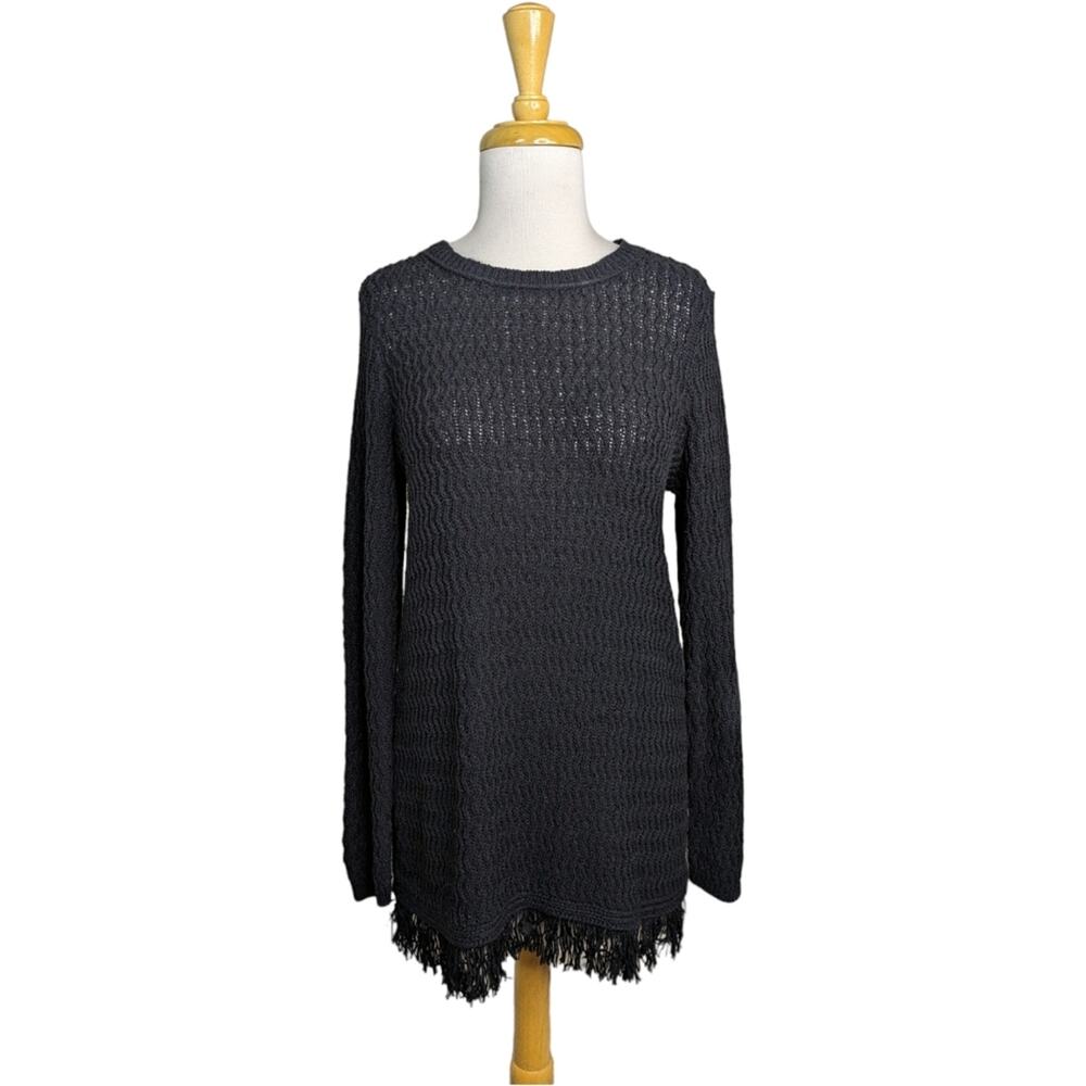 NEW J. Jill Fringe Tunic Sweater XS Black Knit Textured Pullover Cotton Blend